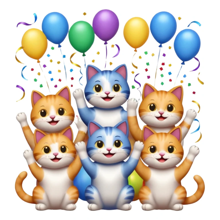 five cats celebrating and clapping for one cat, confetti and balloons, emoji style sticker