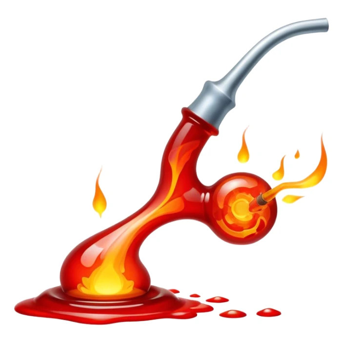 Glassblowing and casting icon, molten glass being shaped with blowpipe, glass piece in the mold, glowing red-hot surface, intricate patterns forming, minimalistic style, clean lines, transparent background. sticker