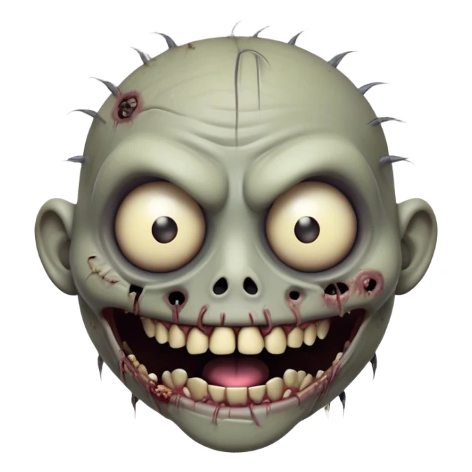 Cinematic Comical Zombie Portrait Emoji, with a grotesquely exaggerated yet playful decaying face in muted ashen tones, head cocked in a dramatically shocked expression with wildly comical, googly eyes and a gaping, silly grin revealing quirky stitches, simplified yet hilariously expressive, highly detailed with a soft eerie glowing outline capturing the absurd humor of a zombie in comic disbelief! sticker