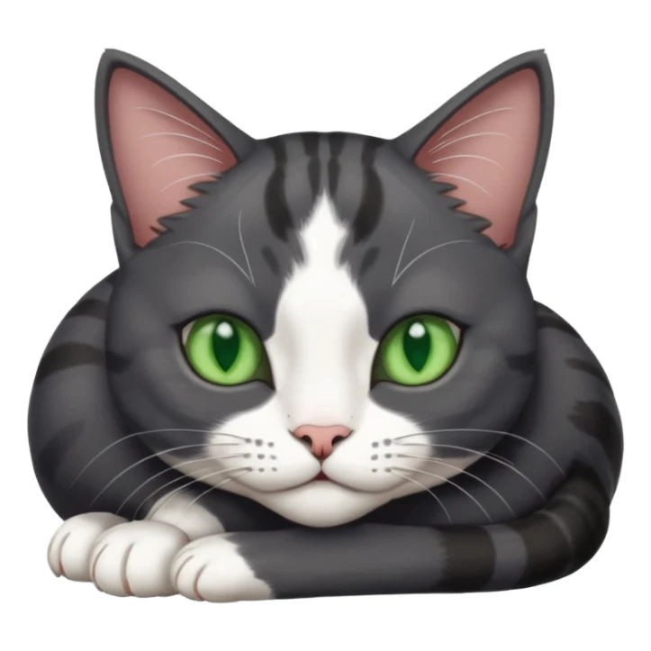 beautiful female solid dark grey cat with green eyes, white toes/paws and white patch on her chest lying down sticker