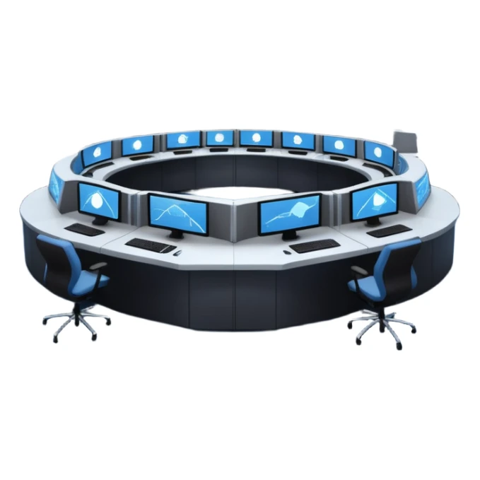 Cinematic mission control center, massive curved video walls with complex telemetry and glowing data visualizations, symmetrical high-tech workstations, dim blue and amber ambient lighting, sharp focus, hyper-realistic, atmosphere of absolute precision. sticker