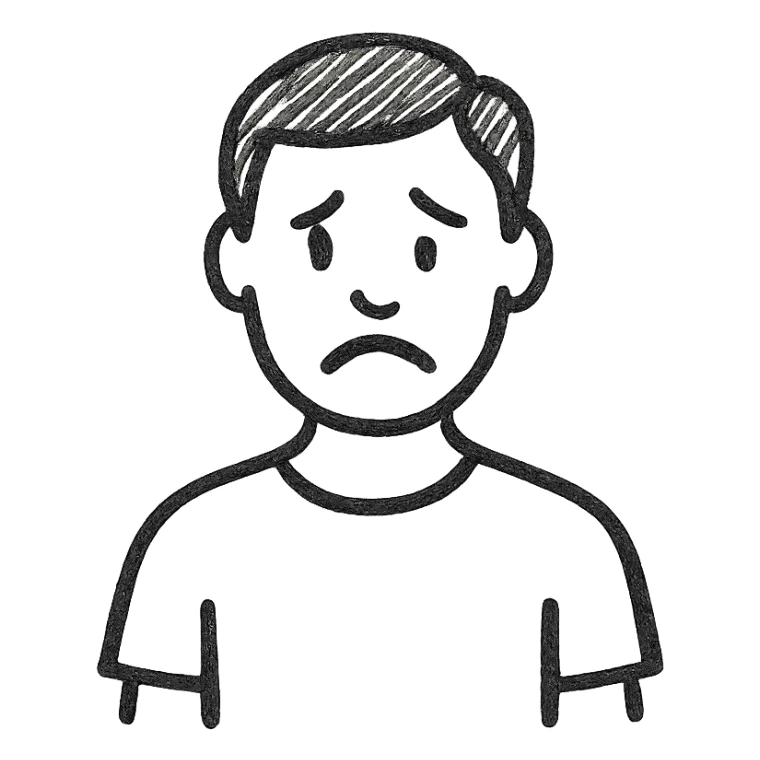 minimal black and white outline of a man in a t-shirt, sad expression, doodle style, no background sticker