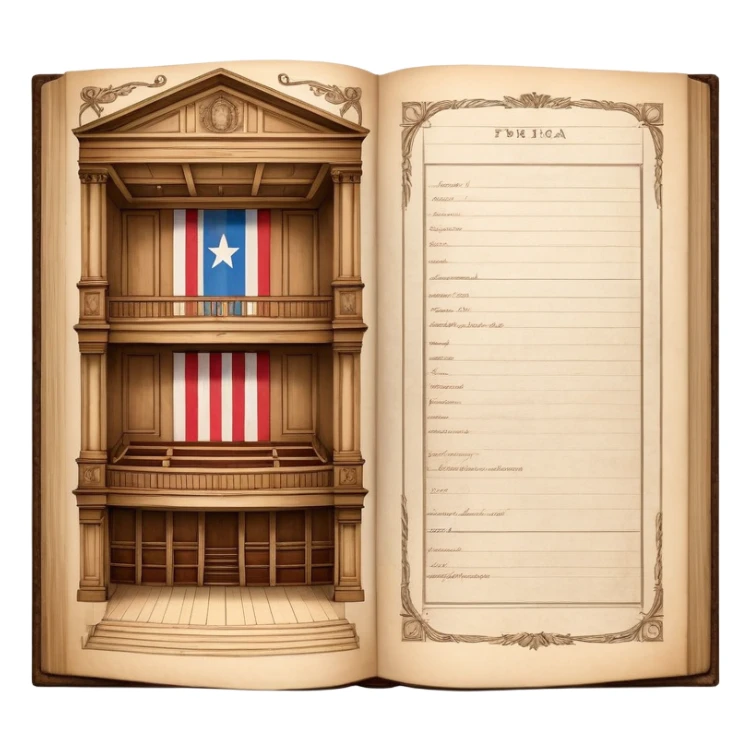 Open antique book with clearly visible detailed stage design sketches spread across both pages, showing theater elevation drawings and floor plans, Puerto Rican flag colors in the sketches, wooden bookmark sticker