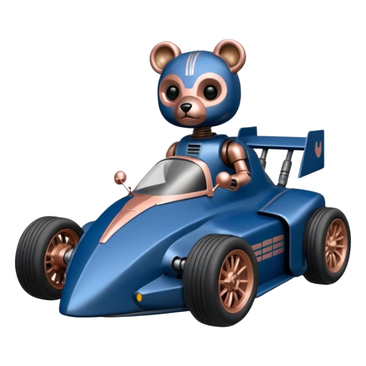  Space-weathered/Carbonized Metallic dark blue and rosegold-accented  racing car for furry-faced grey bearded evil alien scary robot teddy bear with custom open-aero body and rear spoiler (Star Wars style) sticker