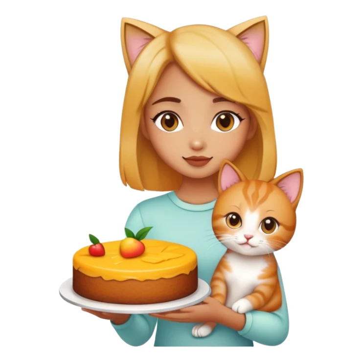 Beautiful girl holding a mango cake and a kitten sticker