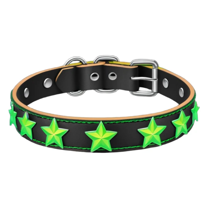 black iridescent thick plastic leather embroidered collar with neon-green stars and lime-green chains on it   sticker
