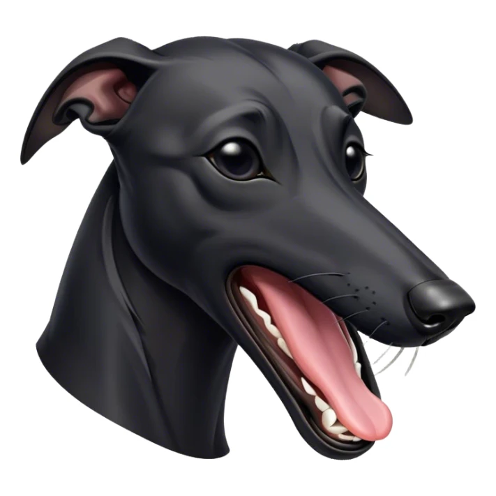 Cinematic Cute Yawning Black Greyhound Portrait Emoji, Head tilted slightly with a dramatic, wide-open yawn, showcasing a sleek black Fur with a polished finish, floppy ears slightly drooping, round dark eyes barely open in drowsy contentment, Simplified yet irresistibly adorable features, highly detailed, glowing with a soft, cozy glow, high shine, relaxed yet expressive, stylized with a touch of whimsy, bright and endearing, soft glowing outline, capturing the essence of a sleepy yet affectionate racer, so drowsy it feels like it could stretch out of the screen and curl up for a nap! sticker