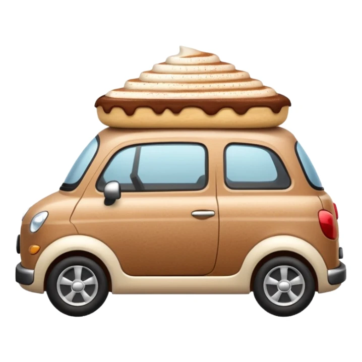 A cute small car, emoji style, side view, adorable tiramisu car, dusting of cocoa, creamy texture, dessert-inspired sticker