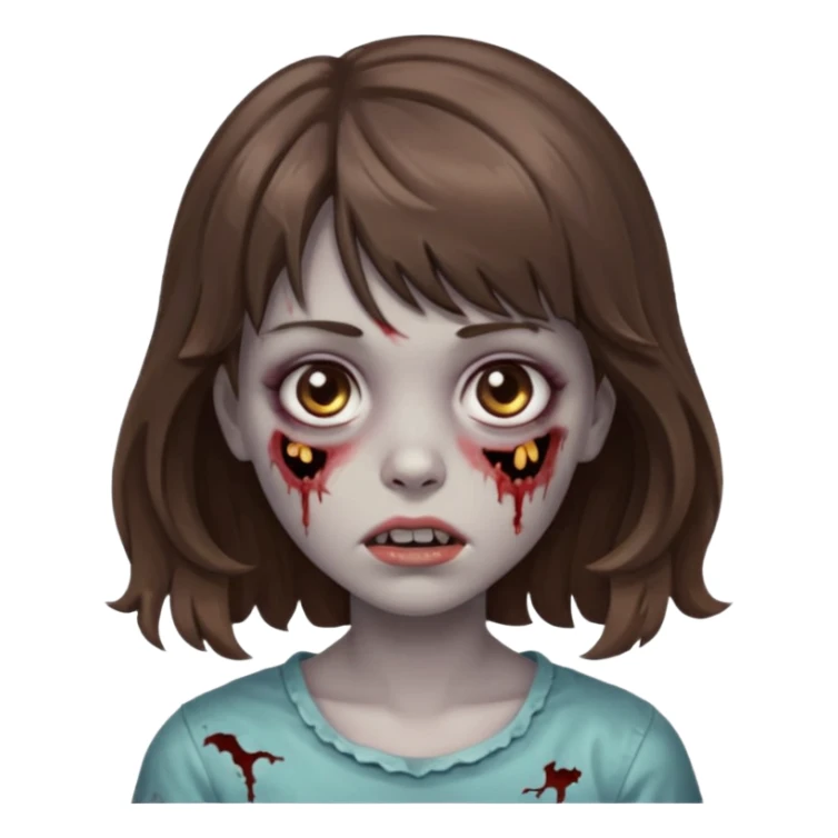 Uma menina zombie com um cabelo ondulado médio, com a franja pro lado esquerdo, o cabelo com cor castanho  sticker