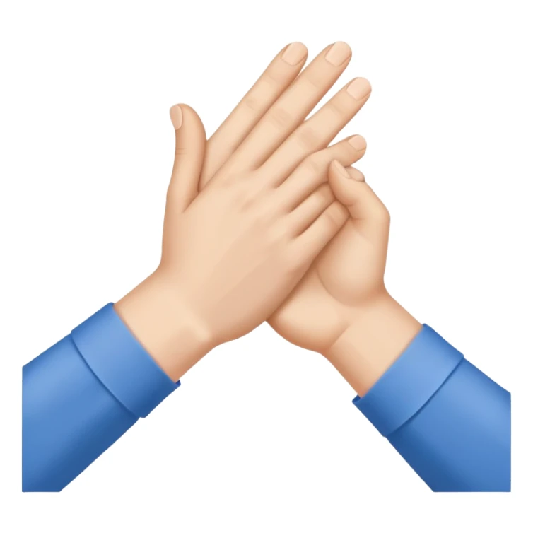 Close-up of a handshake gesture, both hands wearing blue shirt sleeves sticker