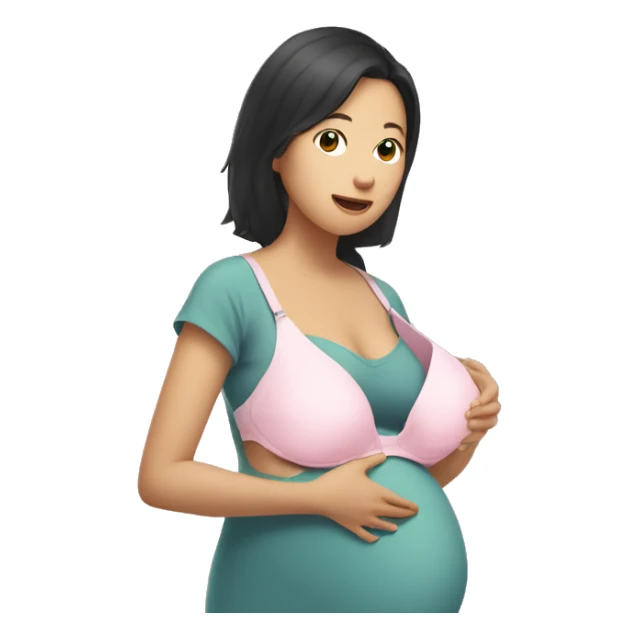 Pregnant Asian woman holds a bra in her hands sticker