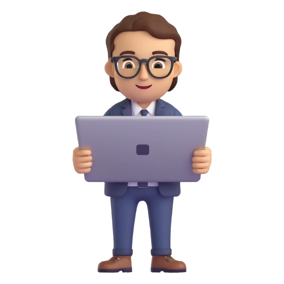 technical architect emoji, holding a laptop and rolled-up plans, wearing glasses sticker