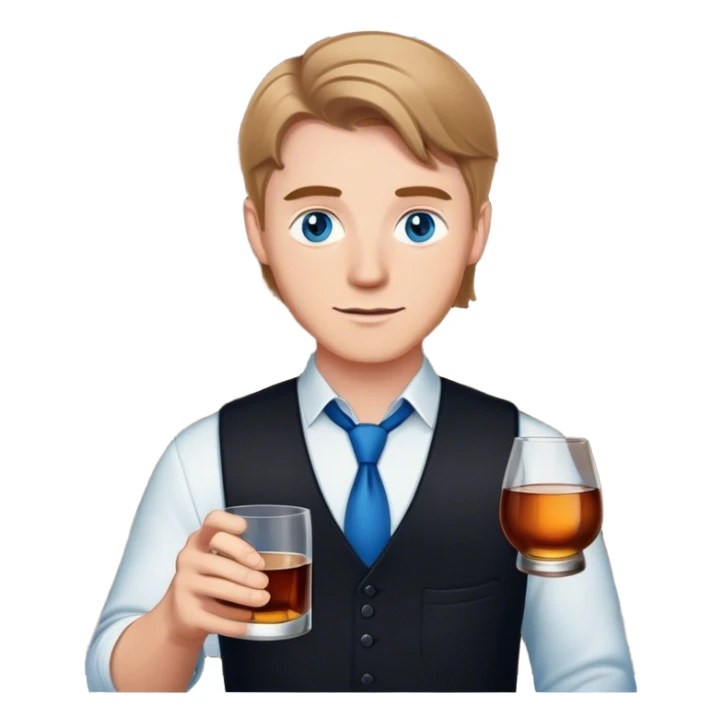 white guy light brown hair blue eyes wearing black holding whiskey sticker