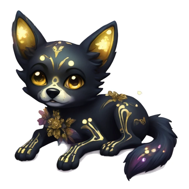 Black iridescent dog fox zombie skeleton gold mechanical nebula galaxy stars flowers fairy lights vintage sticker