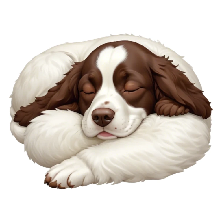 Meme-Worthy Cute Sleeping Springer Spaniel Portrait Emoji, Head resting peacefully with a contented smile, showcasing a delightfully agile build and a luxuriously soft liver and white Fur, eyes shut in a serene nap, Simplified yet hilariously adorable features, highly detailed, glowing with a soft, drowsy light, high shine, relaxed and utterly lovable, stylized with an air of playful laziness, bright and heartwarming, soft glowing outline, capturing the essence of a comically sleepy companion, so meme-worthy it feels like it could instantly become the next viral sensation of adorable slumber! sticker
