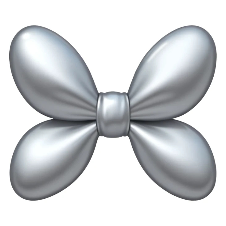 A cute bow emoji made of polished silver chrome, smooth rounded loops, glossy metallic surface, soft mirror reflections, subtle highlights, minimal and adorable proportions, iOS emoji style, centered composition, clean white background, soft studio lighting, no text, no outline, ultra high quality sticker