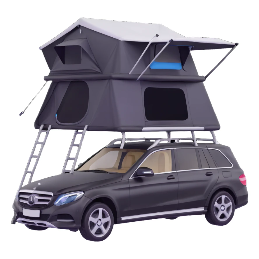 black Mercedes Benz car with roof tent sticker