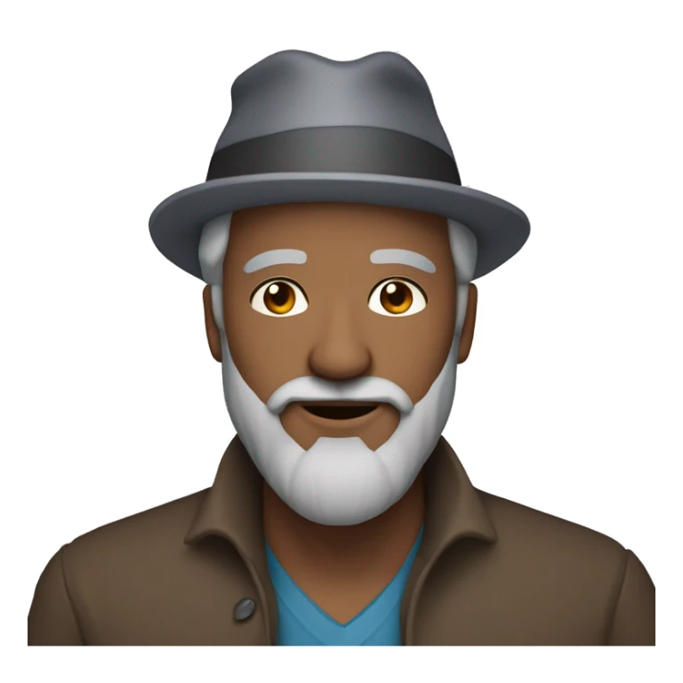 Medium skinned man with gray hair and beard and brown eyes wearing a birthday party hat sticker