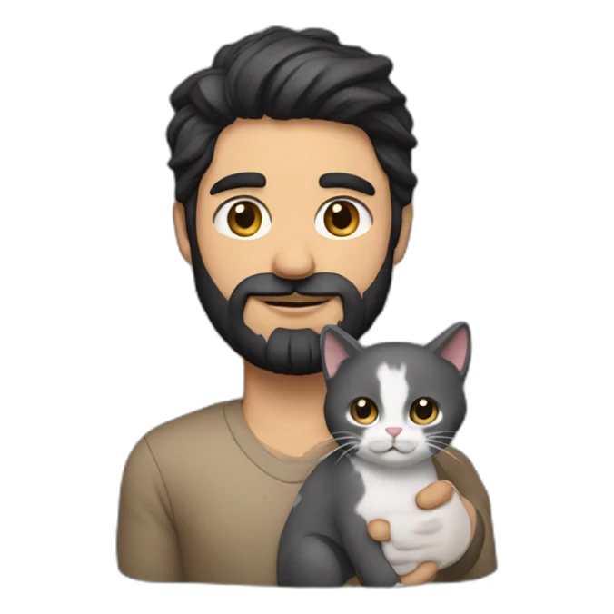 a dark hair dark beard guy with a little cat in its arms sticker