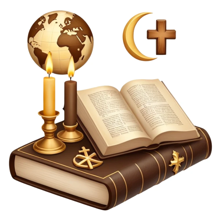 An icon featuring a holy book, a candle, and a cross, symbolizing religious studies. The design includes a globe with various religious symbols like a crescent moon and a star, representing the diversity of beliefs. Transparent background highlights the exploration of world religions sticker