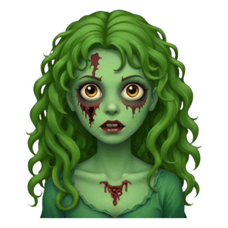 faça uma garota zombie, com a pele verde, cabelo castanho cacheado abaixo do ombro linda sticker