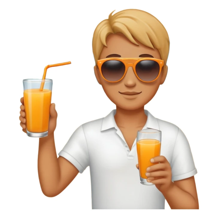 a hand holding fruit juice, wearing sunglasses, with a beach background sticker