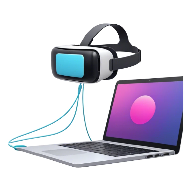 VR headset connected by a wire to a laptop. On the laptop screen, a VR/AR modeling soft is open. Floating 3D models or virtual objects. Modern, tech-inspired colors. No emojis or smiley faces. Transparent background. sticker