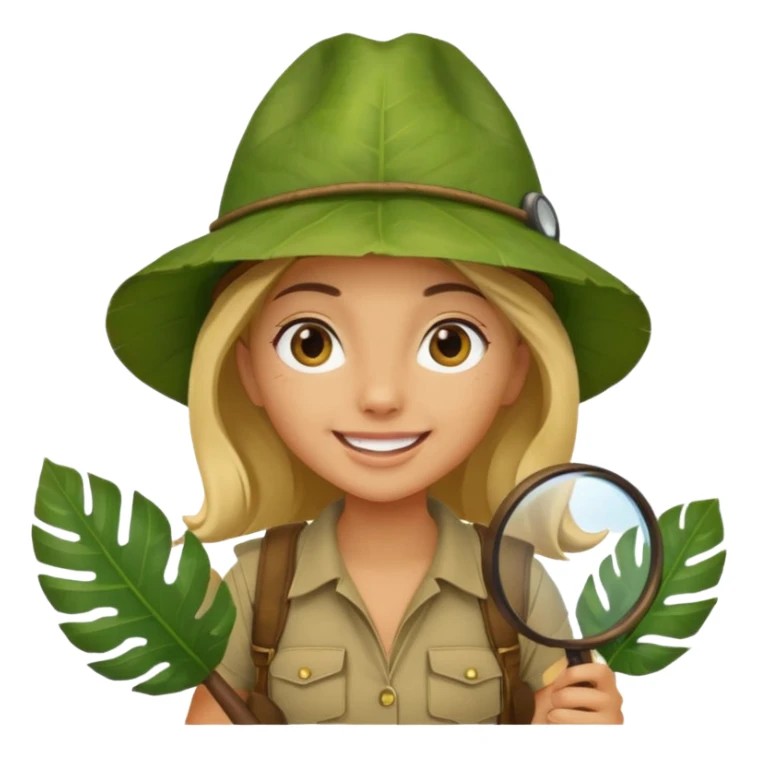 a young female explorer with jungle wearing a large leaf headgear bye and magnificer glass sticker