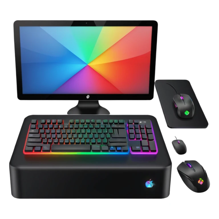 rgb gaming computer on black desk with a black keyboard and mouse sticker