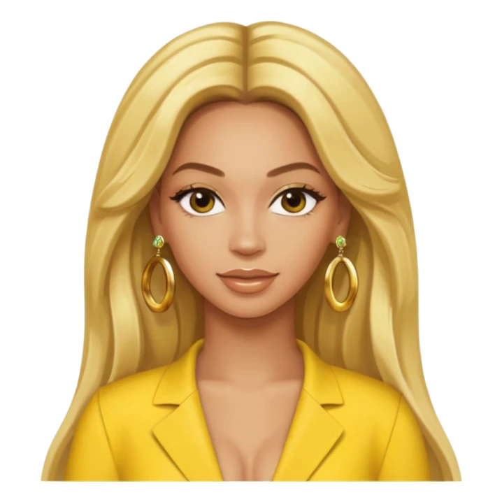 Beyonce with long blonde hair, yellow outfit and earring sticker