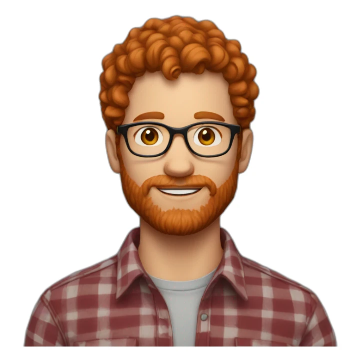 man. around 25. redhead. short curly hair. with beard and glasses. scarlet checked shirt sticker