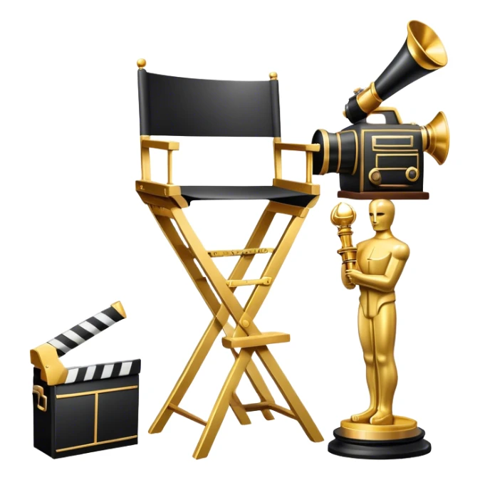 Icon for Directing: a director's chair, a large film camera, a megaphone, a stage set with lights and an Oscar statuette. The icon should represent the creative and leadership aspects of directing, with focus on film and theater production. Transparent background. sticker