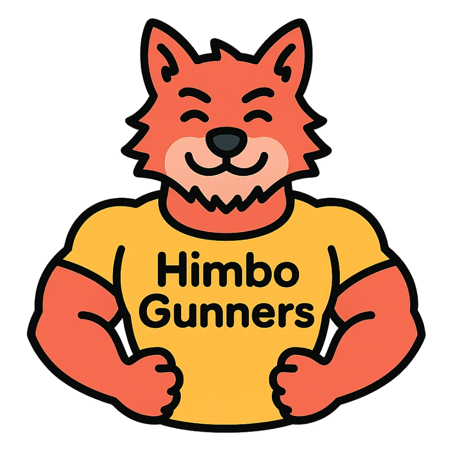 muscular wolf furry wearing a t-shirt that says 'Himbo gunners' sticker