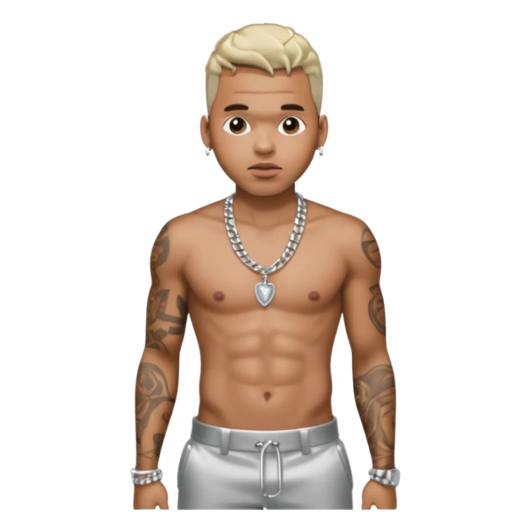 Chris Brown with silver pants, shirtless with necklace sticker