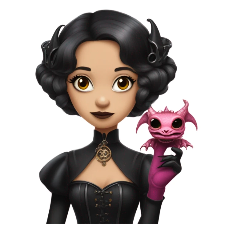 flirty Lavish black evening gown with see-through gloves, Jenna Ortega as Addams woman wearing a steampunk mini tiara, very large blood pink evil-looking horned old dragon sticker