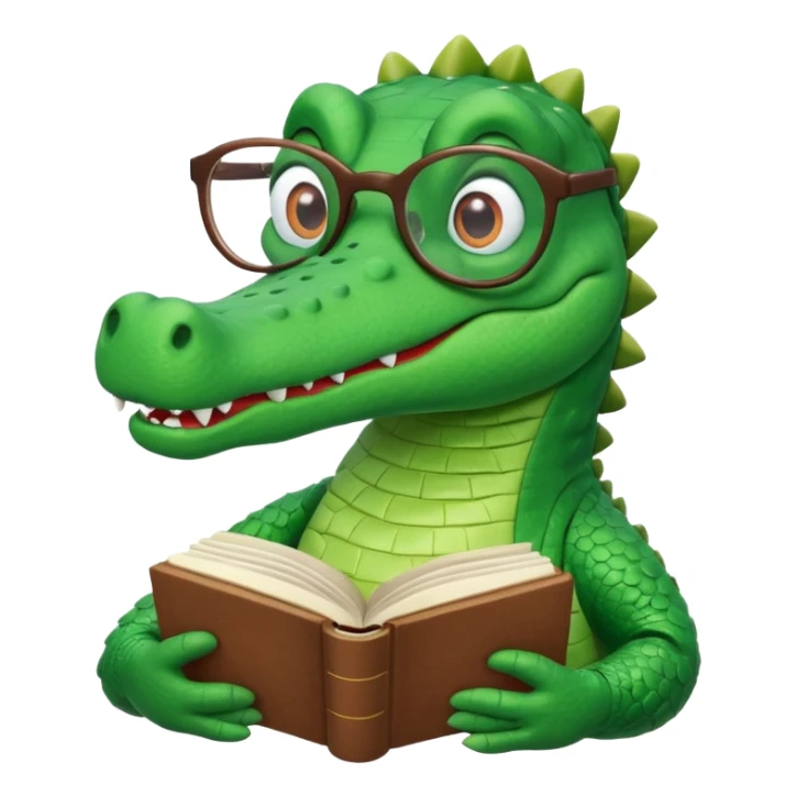 A claymation alligator with a book and glasses. The background is a solid white circle sticker