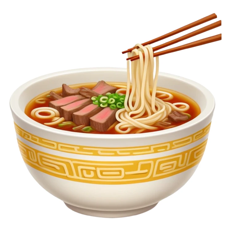 Lanzhou hand-pulled noodles with beef and clear broth, simplified emoji style with bold outlines and bright colors, cartoon style traditional Chinese lamian in bowl sticker
