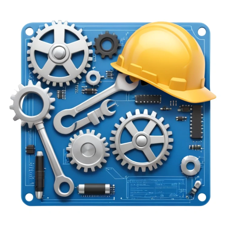An icon featuring a gear, a wrench, and a blueprint, symbolizing engineering. The design includes a hard hat, a circuit board, and a ruler, representing problem-solving, design, and technological innovation across various engineering fields. Transparent background sticker