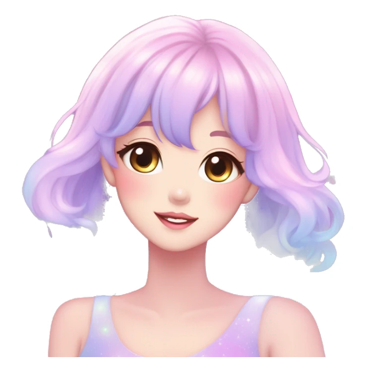 Gorgeous pastel anime style lady blushing nebula gradient sparkle face dreamy idol model colorful shiny stars galaxy kawaii cottagecore pearly petite simplistic aesthetic trending style sticker