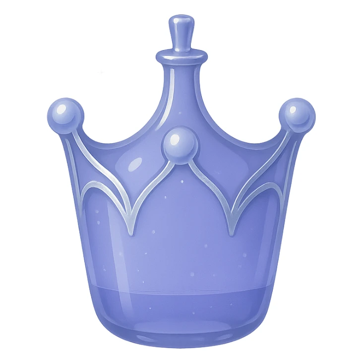 minimalist but luxurious small elixir bottle in crown shape, color #7986cb, subtle elegant silver or iridescent details, soft magical glow, very small neck, seamless bottom, transparent background, bottle floating in air, no base or shadow, modern, matching luxurious magical collection style sticker