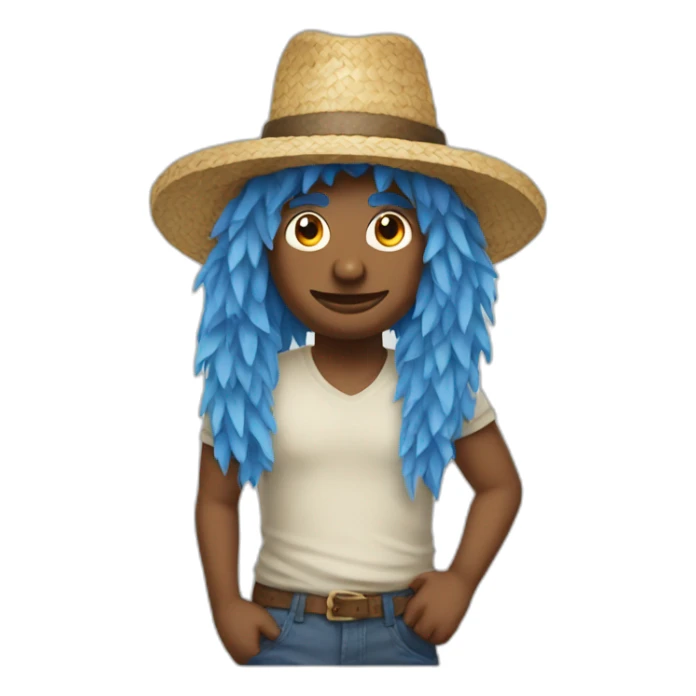 a man with straw hat and large blue hair sticker