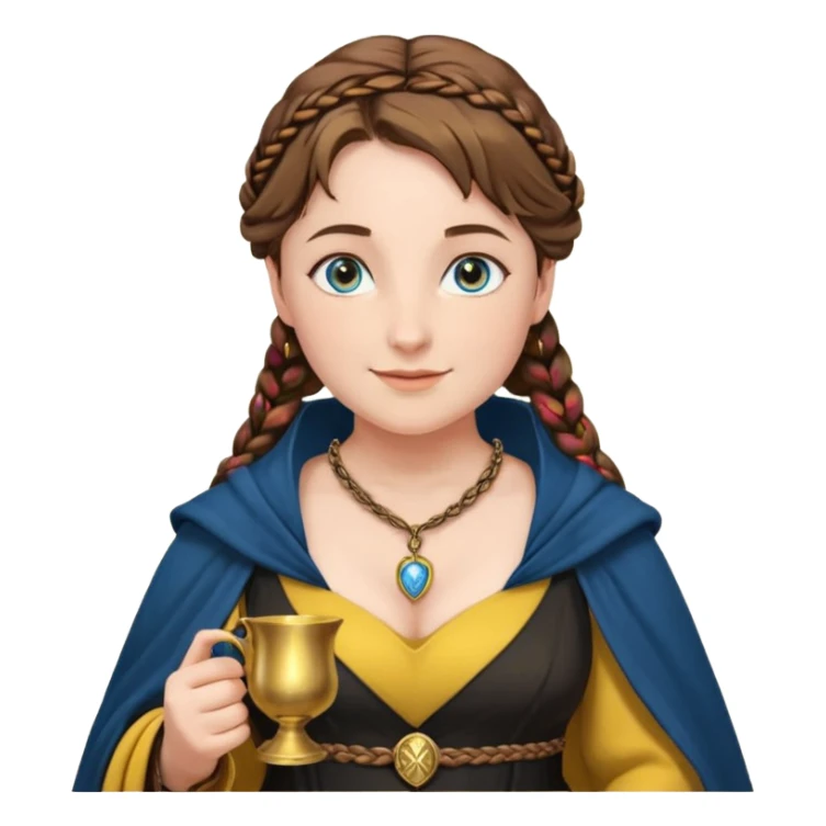 Helga Hufflepuff, blue eyes, brown-haired, two brown braids, yellow-black medieval dress, black cloak decorated with gold braiding, tiny gold cup with two handles, very kind smile, curvy busty sweet woman, macromastia, thick round rosy cheeks, gold pendant with round black stone sticker