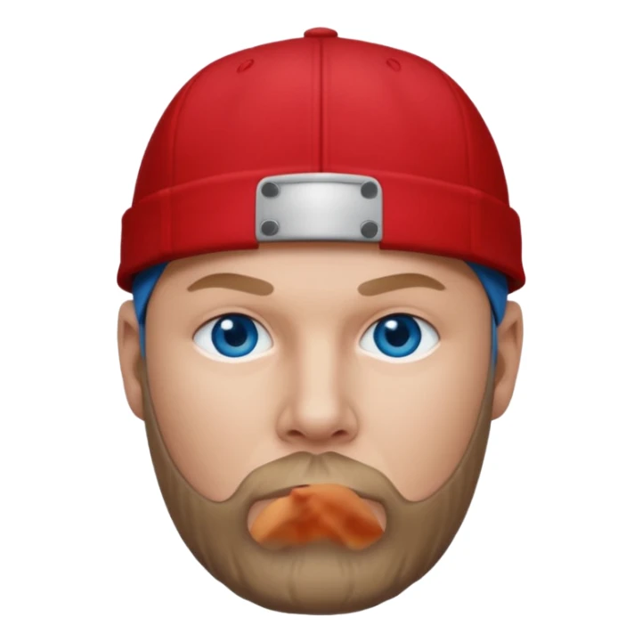 Fred Durst with dark blonde hair, blue eyes, red outfit and cap sticker