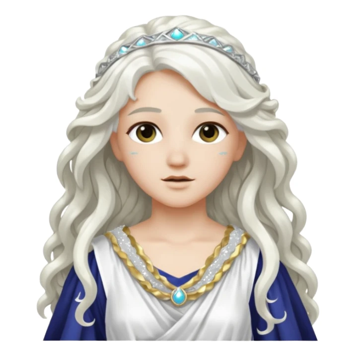 Artemis from Greek Gods with long white wavy hair, white sequin toga sticker