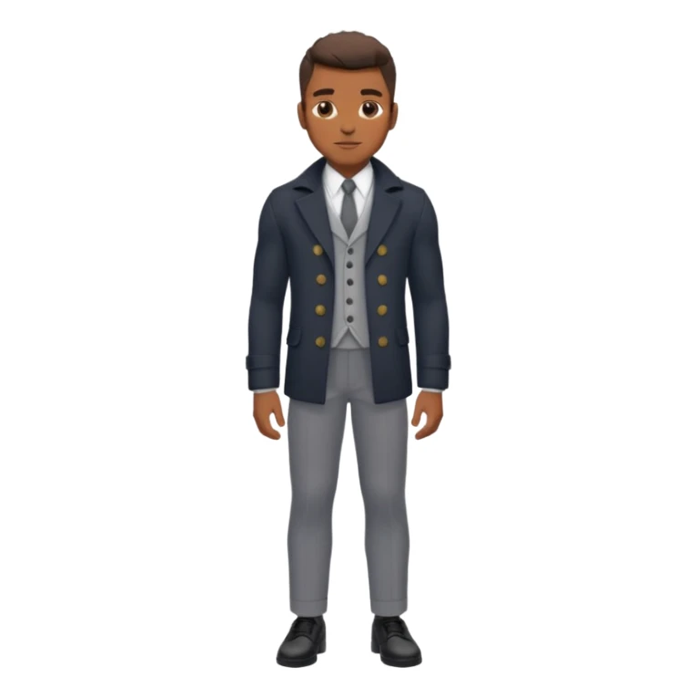 Handsome Black guy with brown skin tone, with lean muscular build, wearing gray slacks, a long sleeved white button up top, black shoes, and a black pea coat  sticker