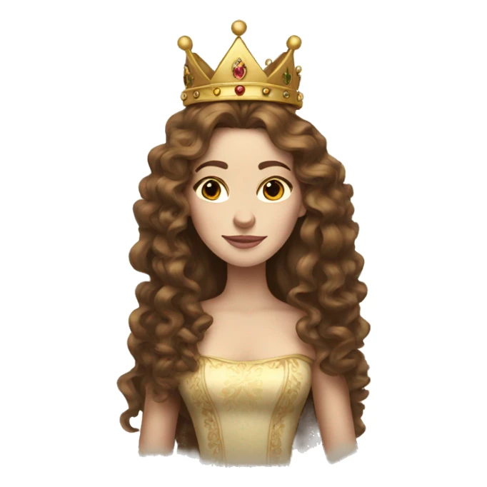 Queen with a crown, pale skin, long brown curly hair sticker