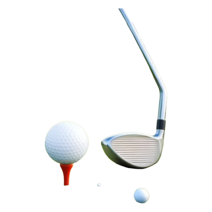A golf ball on a tee with a golf club placed beside it, set against the backdrop of a well-manicured green golf course. The scene emphasizes the equipment and serene atmosphere of the sport, with soft lighting and a peaceful, open landscape sticker