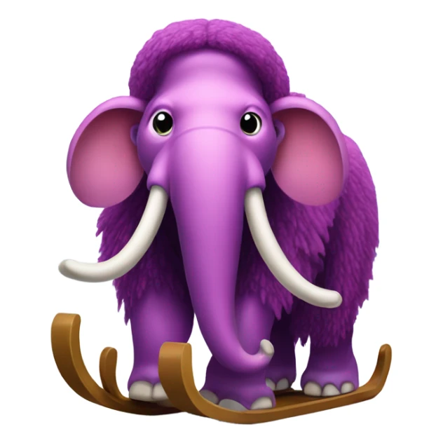 Purple-pink wooly mammoth with a snowy forest on its back and sleds for feet sticker