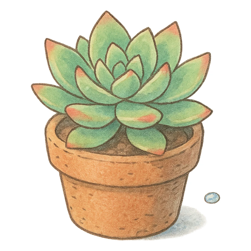 small potted succulent plant, Japanese pastel hand-drawn, full object, transparent background, with a tiny dew drop sticker