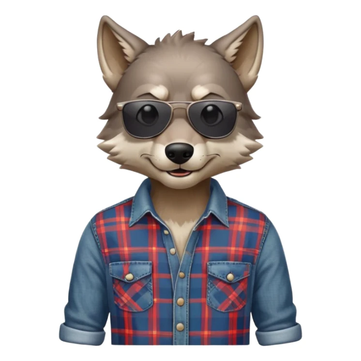 head and shoulders friendly anthropomorphised wolf in plaid shirt and jeans, wearing dark sunglasses, upright pose sticker